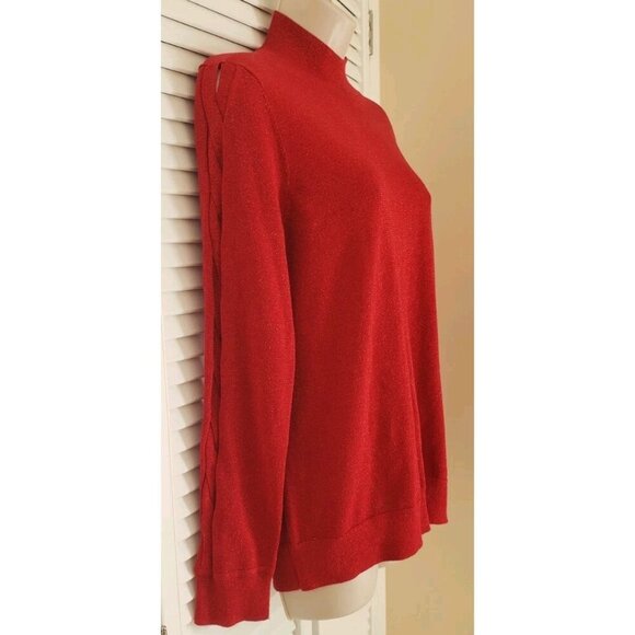 NWT MICHAEL MICHAEL KORS SPARKLY RED MOCK NECK LATTICE DETAIL SLEEVE SWEATER... - Picture 3 of 8